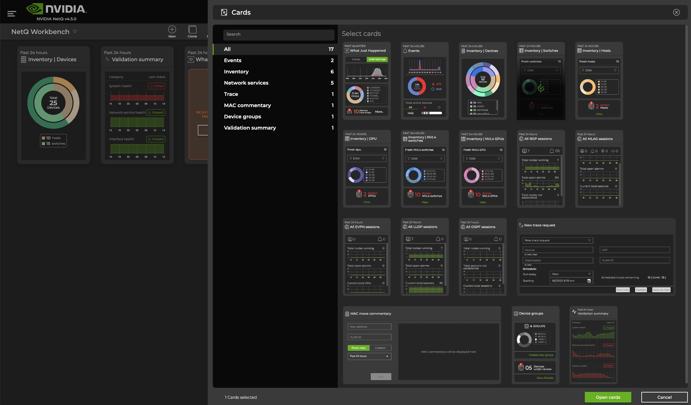1 selected card to be added to a workbench