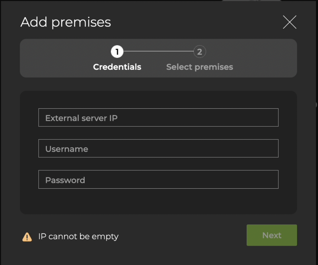 dialog prompting the user to enter the external server's IP and credentials