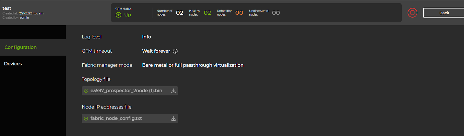 configuration summary for a selected domain